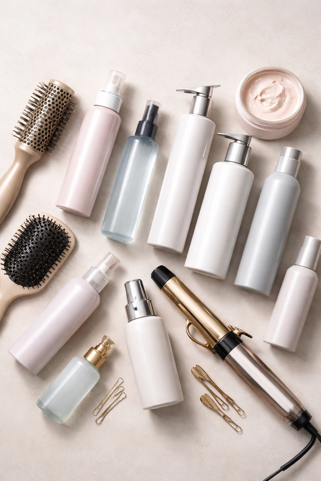 Flat lay of unlabeled hair styling products for medium-length hair: mousse, sprays, heat protectant, shampoo, conditioner, and dry shampoo.