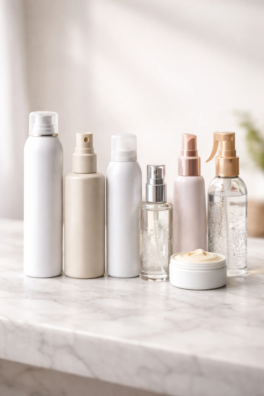 Unlabeled hair styling products lineup on a neutral surface with no visible text