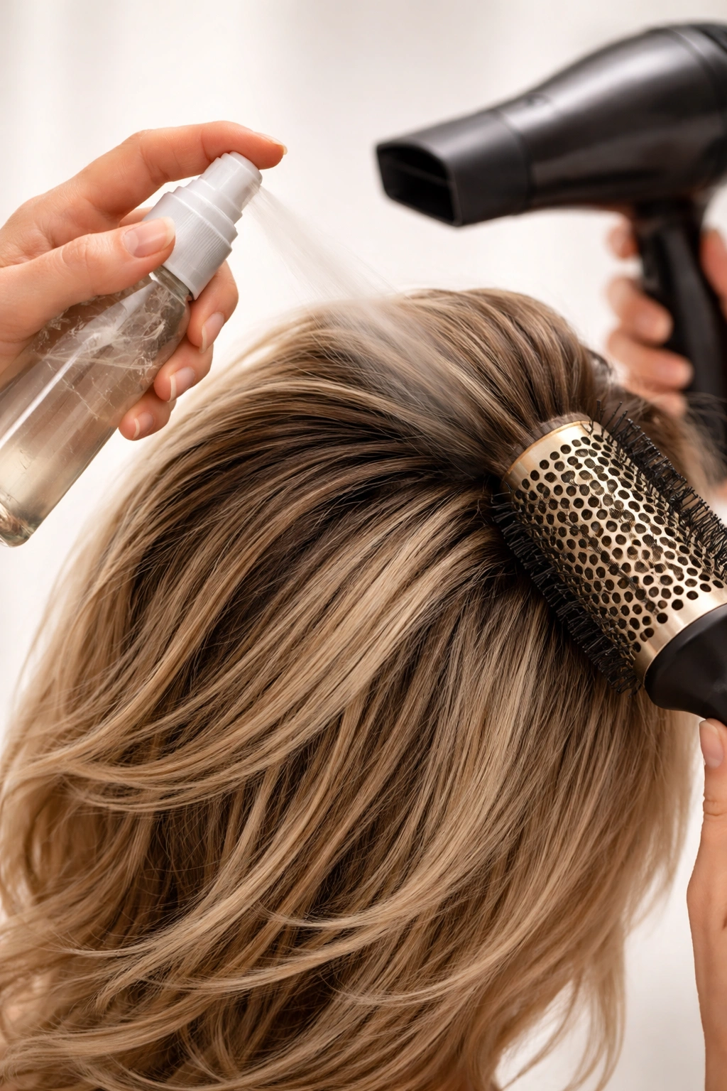 Hands applying heat protectant and styling techniques to hair for volume