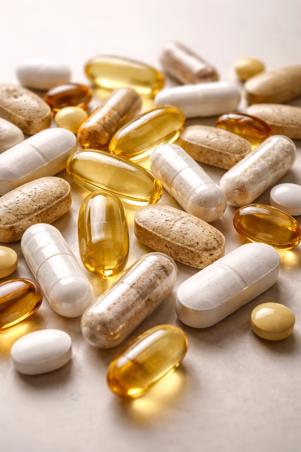 Assorted capsules and pills on a plain surface