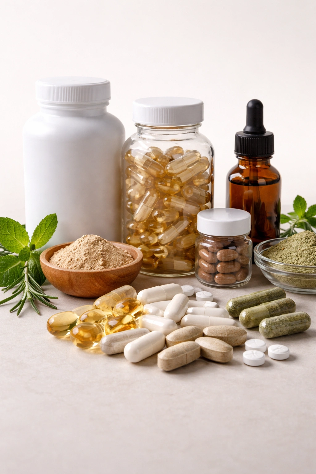 Assorted hair health supplements capsules and bottles