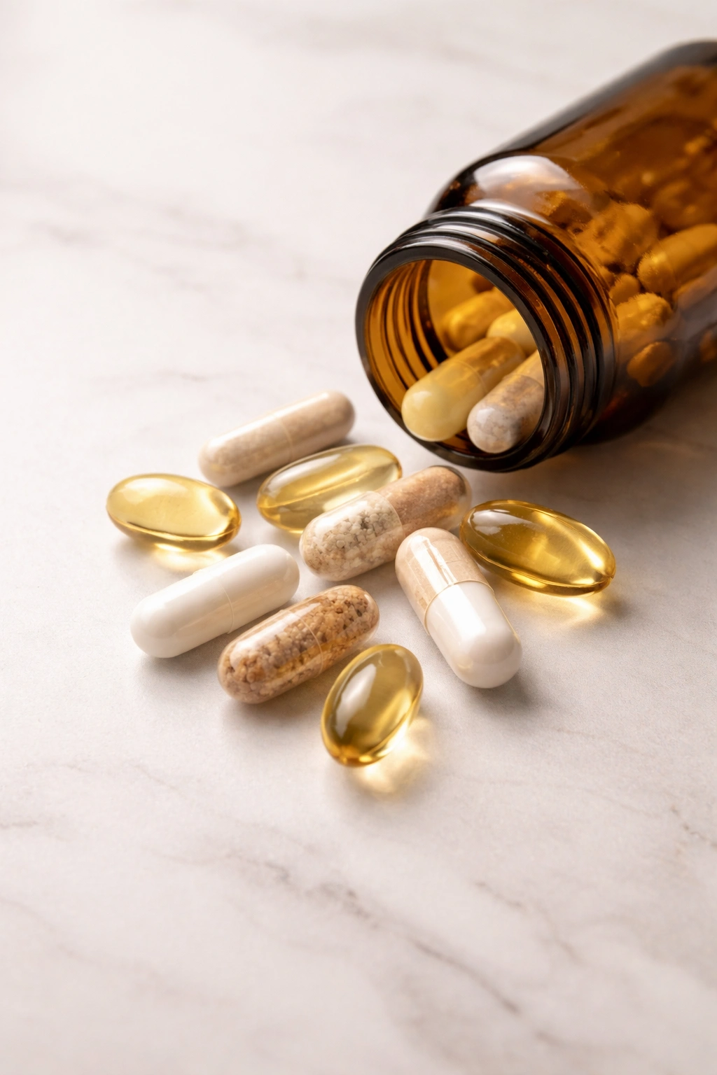 Capsules spilled from a vitamin bottle on a clean surface