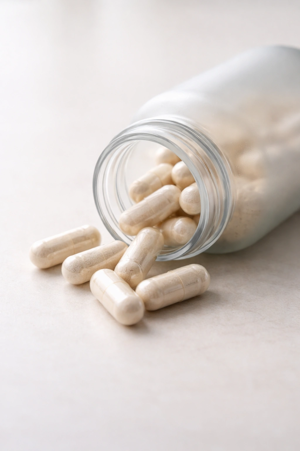 Label-free glass bottle with pale capsules on a neutral surface, symbolizing hair supplements