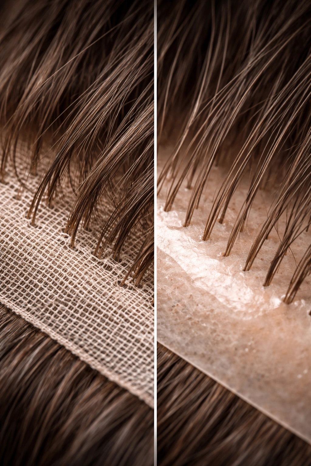 Detail view of hair strands attached to base, showing hand-tying and V-looping techniques