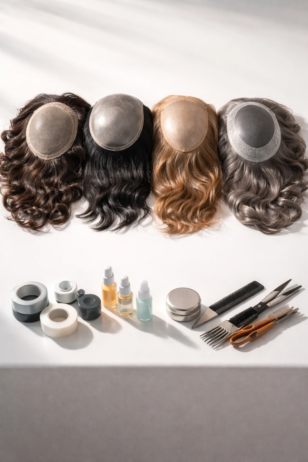 Row of hair system samples showing base materials and textures without text