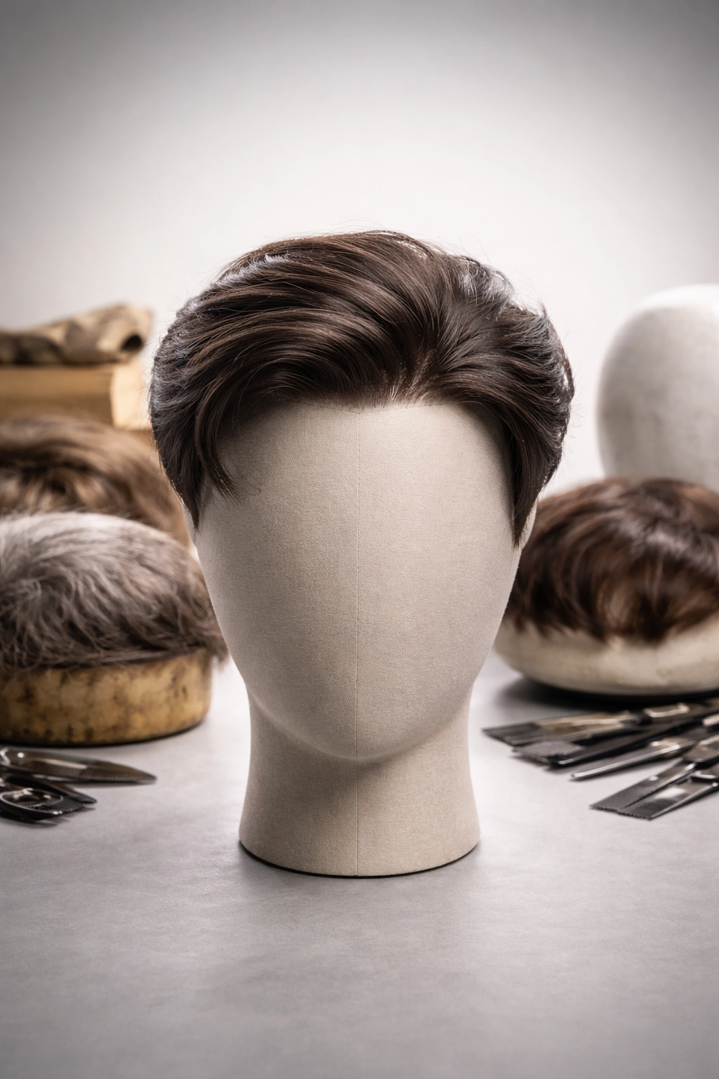 Studio shot of a modern hair system on a head form, suggesting evolution from crude to cutting-edge
