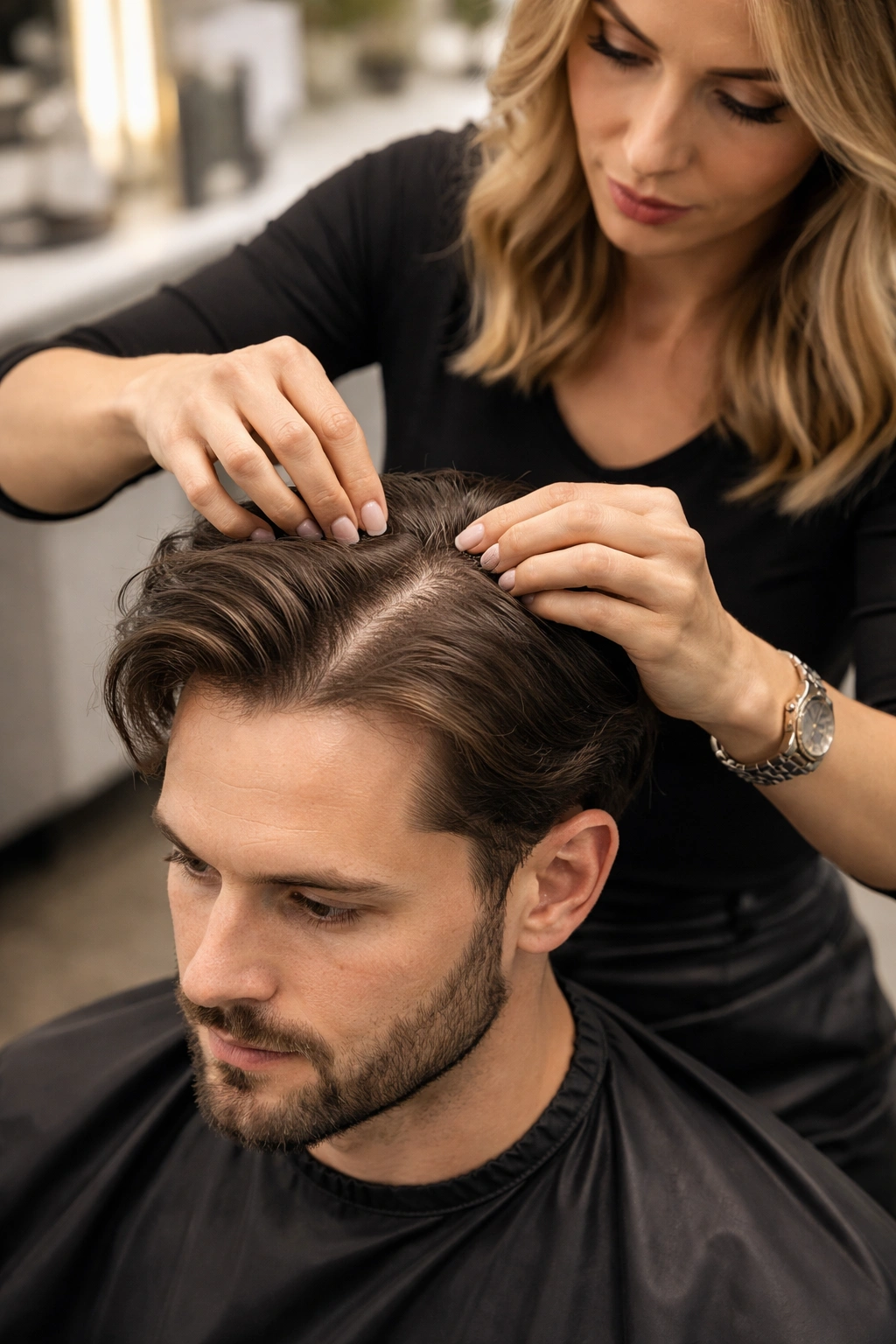 Professional stylist fitting a hair system on a client in a salon