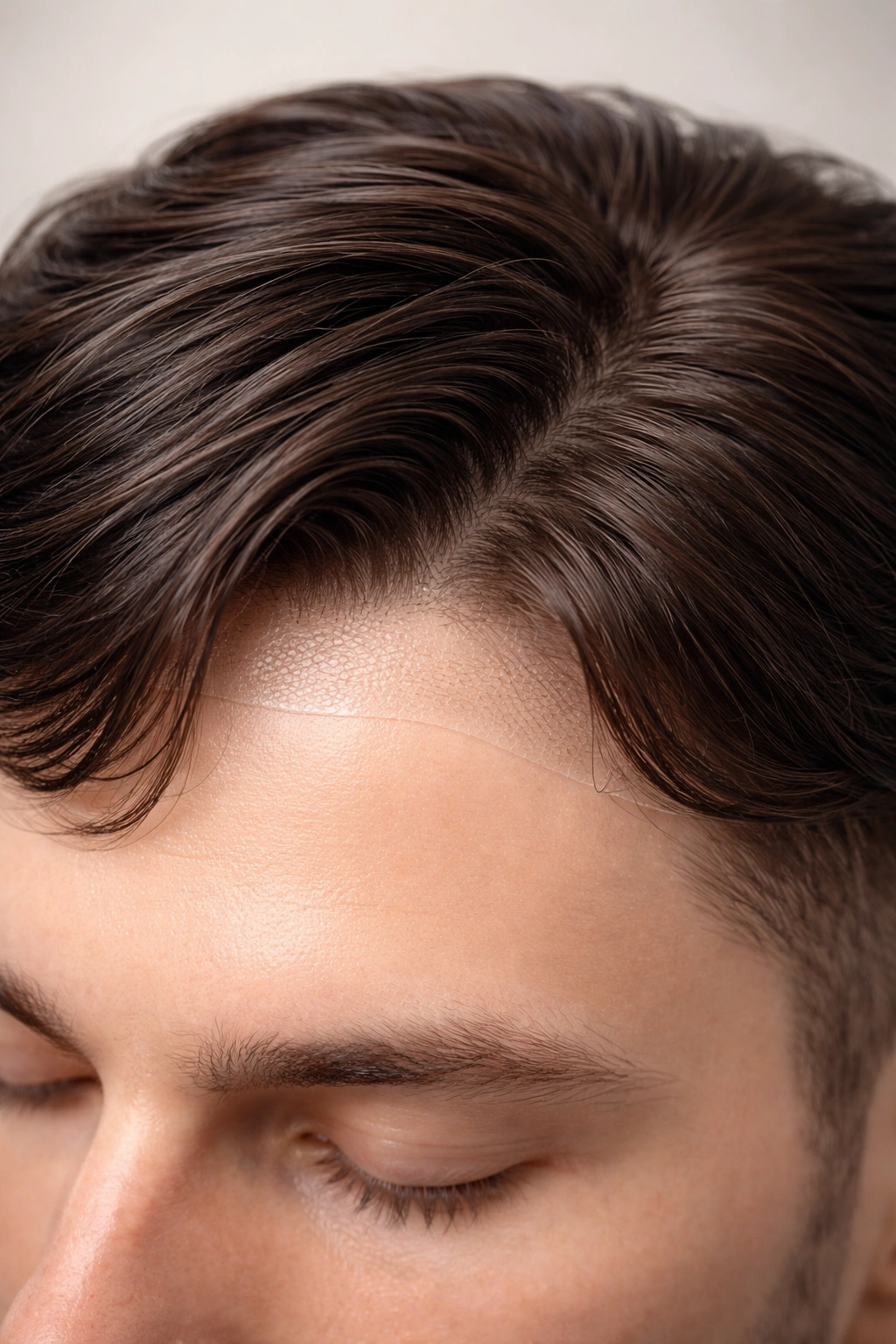 Close-up of a realistic hair system showing natural hairline and texture