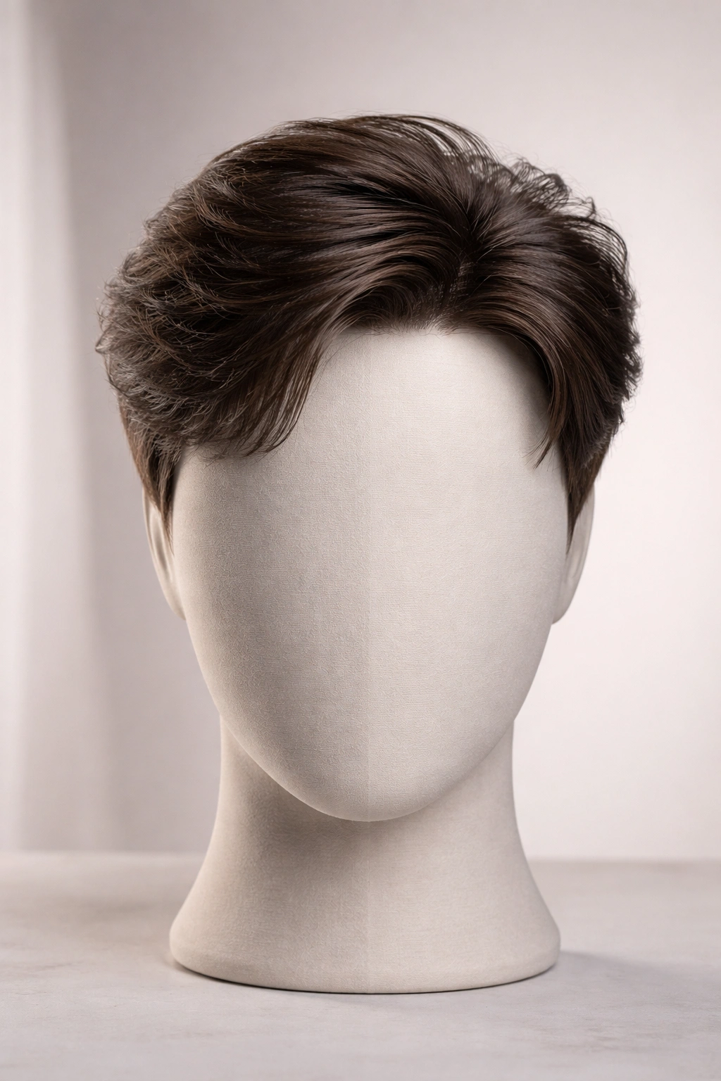 Full-head hair system on a head form with dense natural-looking hair