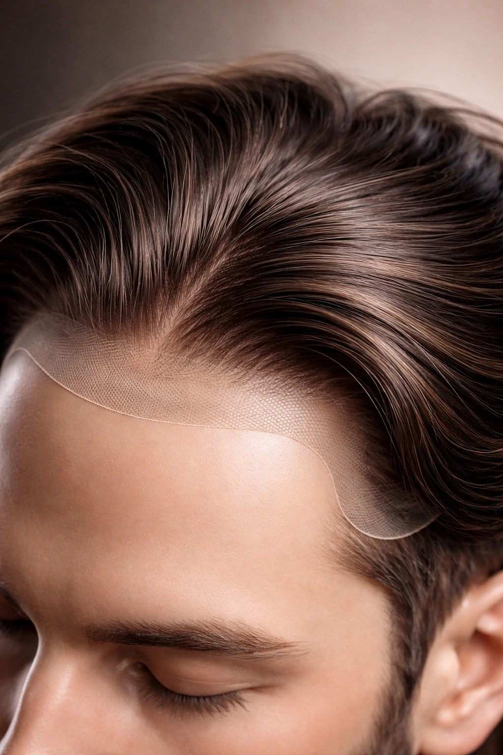 Close-up of a lifelike hair system attached to a scalp on a mannequin, showing seamless hairline and lace base