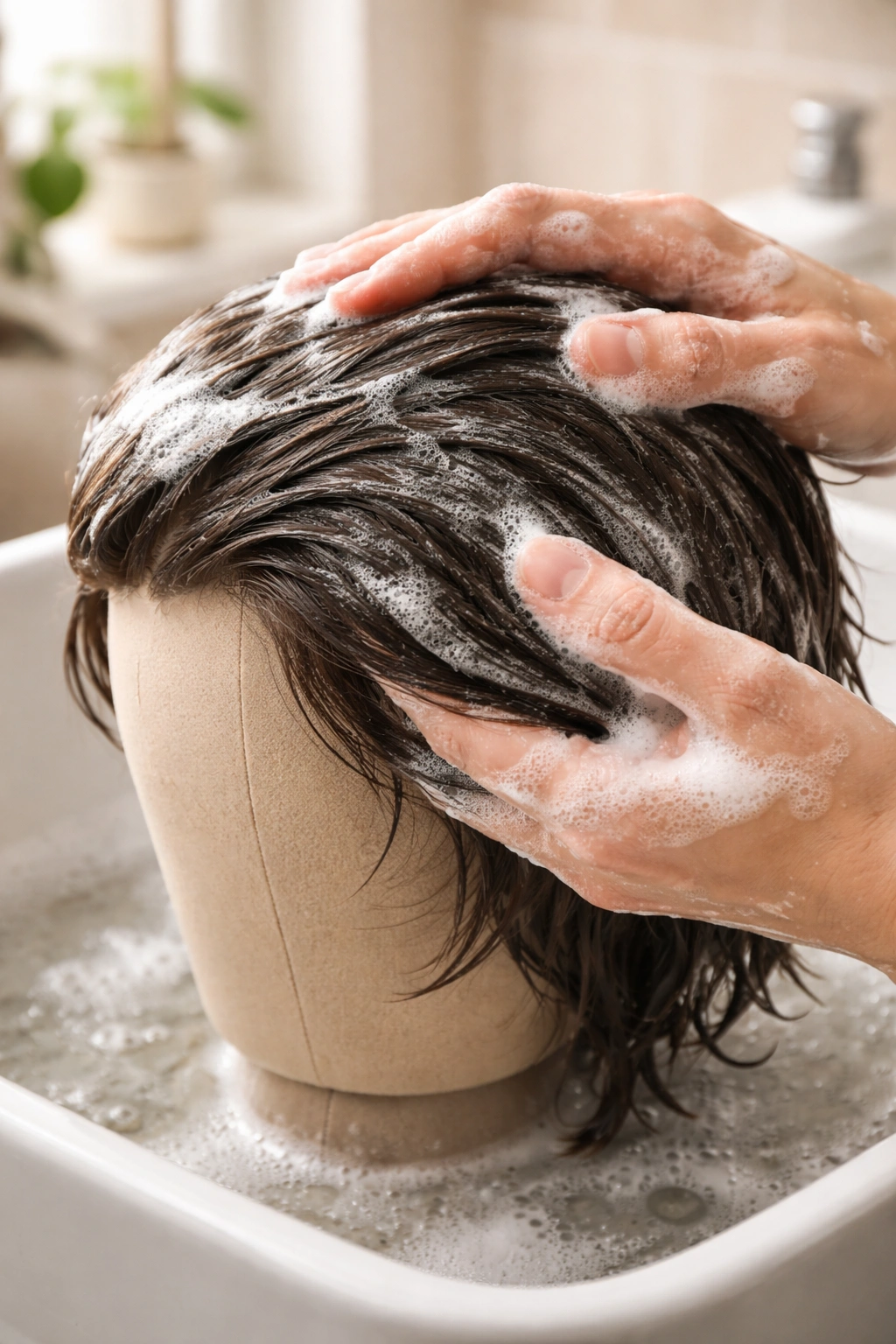 Close-up of a hair system being washed on a mannequin head to illustrate maintenance and care
