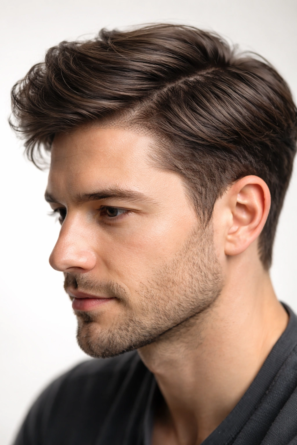 Side-profile of a head wearing a hair system illustrating differences from wigs and transplants