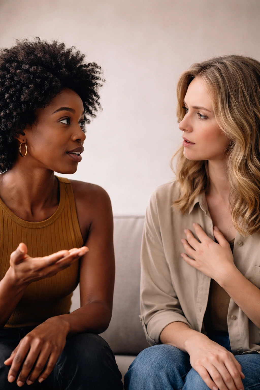 Two people in discussion about hair terminology against a neutral background.