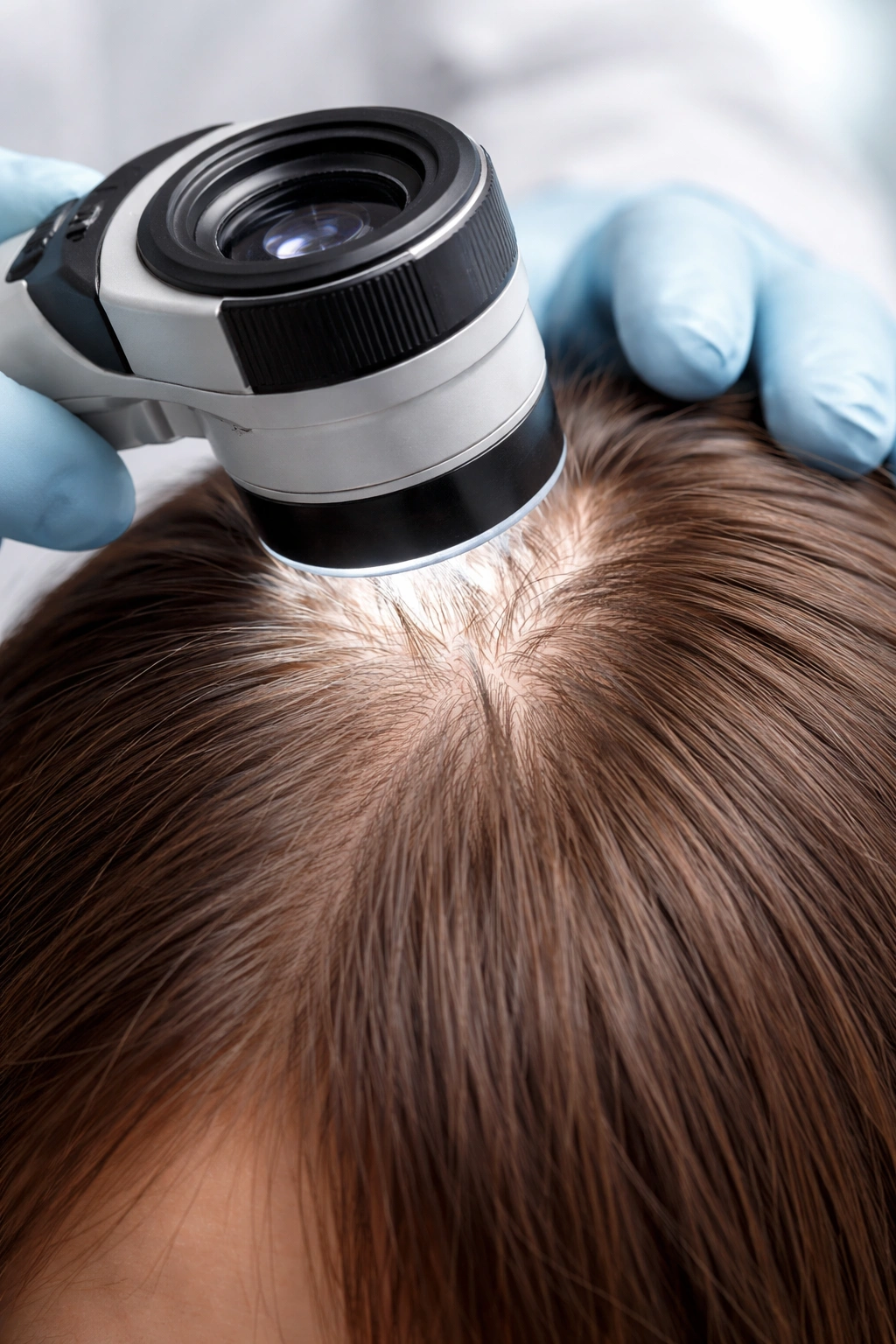 Dermatoscope magnified scalp showing hair follicles and density