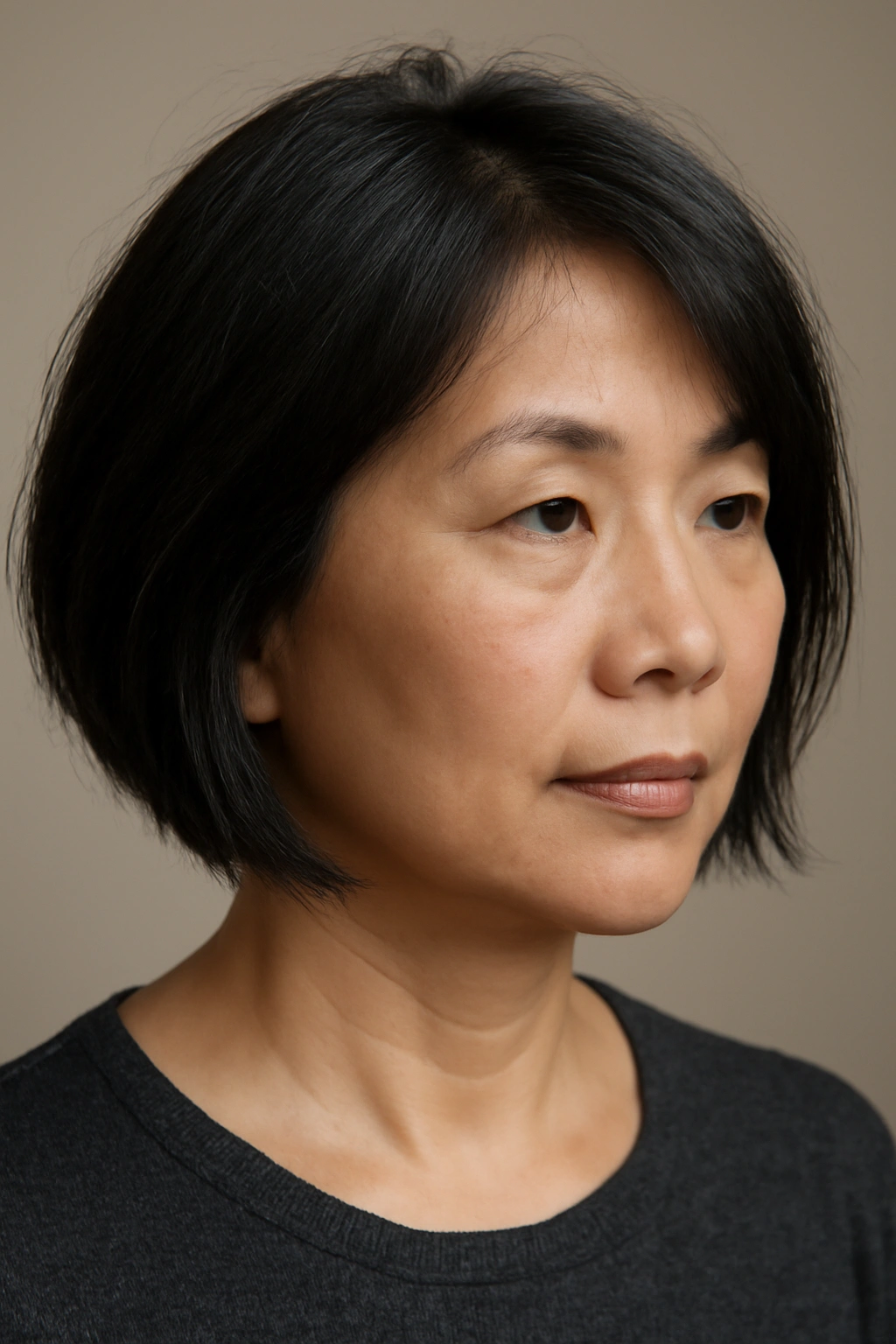 10 Short Haircuts for Asian Women Over 50 to Try 12 Portrait showing straight, dense Asian hair texture as it influences hairstyle decisions.