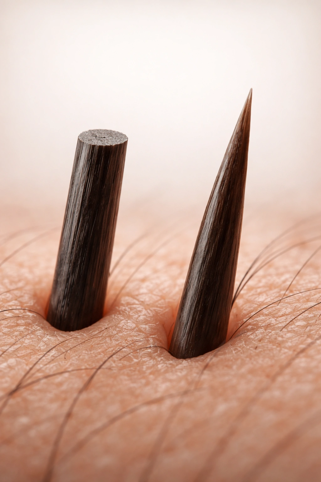 Two hair shafts on skin, one blunt-edged and one tapered, showing texture difference