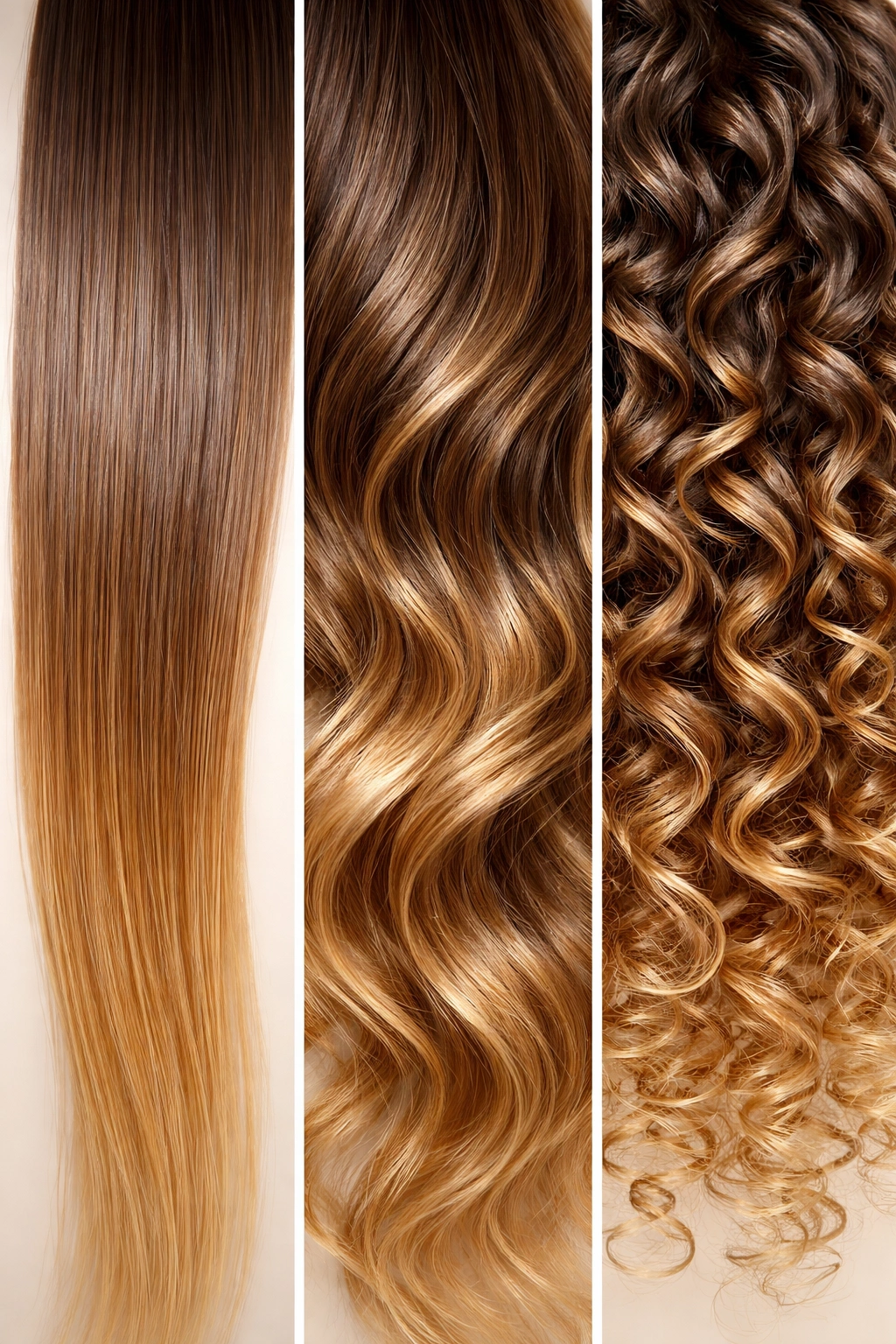 Three hair textures: straight, wavy, and curly illustrating damage differences in demi-permanent color