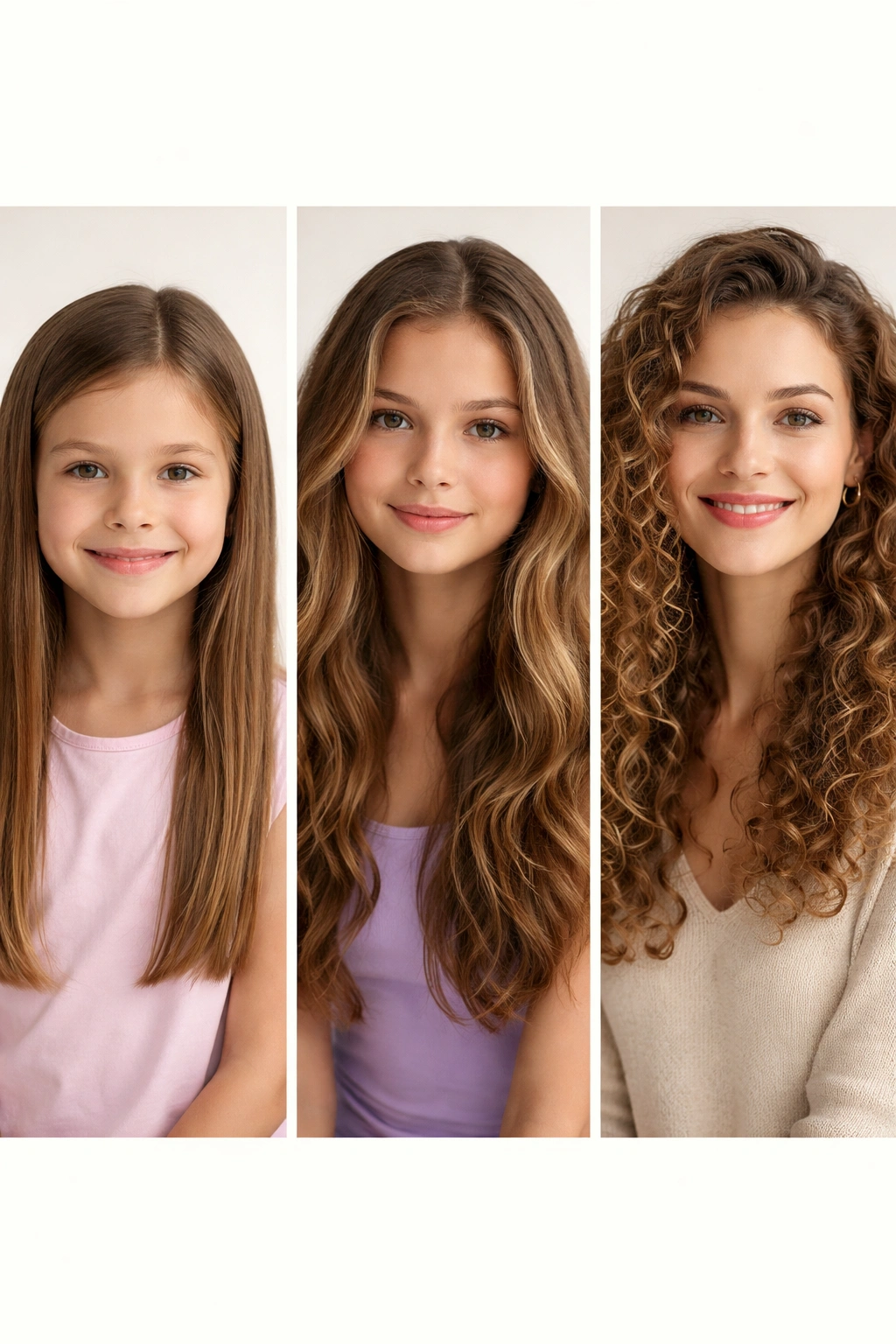 Triptych showing hair texture evolving from straight to wavy to curly over time.