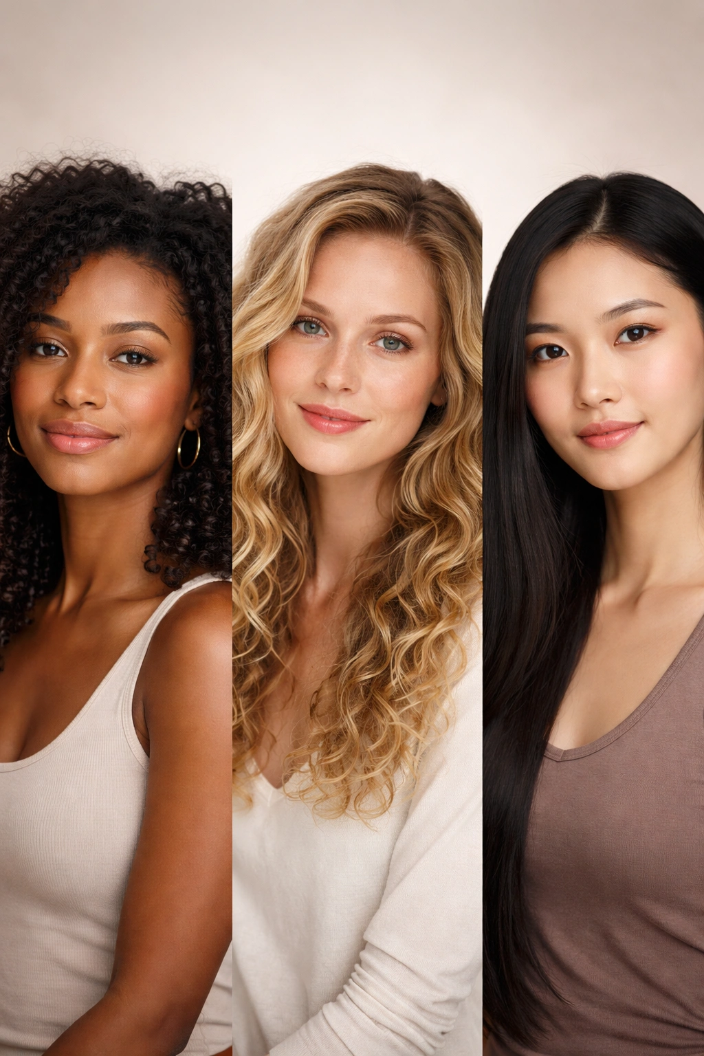 Close-up portraits showing distinct hair textures representing population genetics.