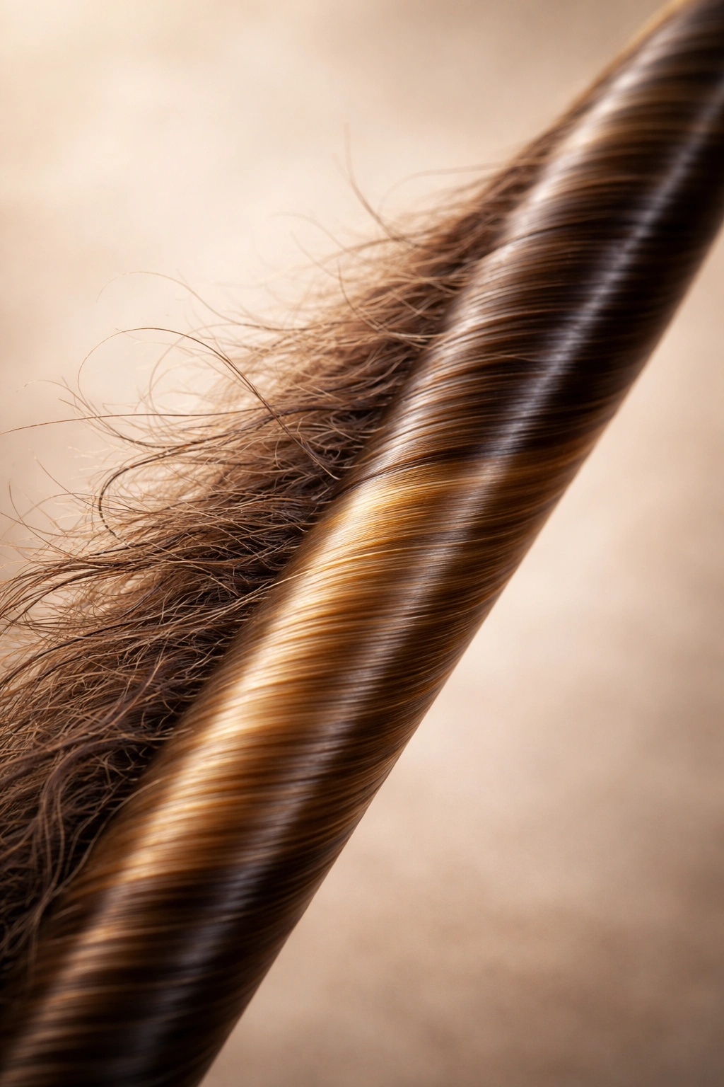 Macro image of a hair strand with two textures: dry frizzy end and smooth conditioned end