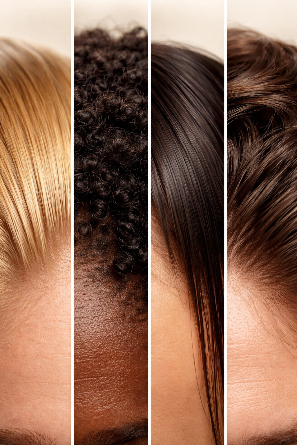 Close-up of scalp showing varied hair textures to suggest diversity