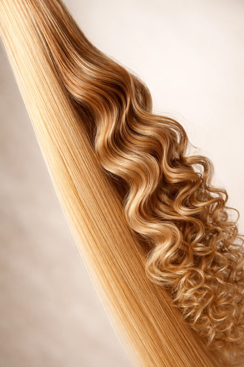 Close-up of hair texture differences showing straight, wavy, and curly textures for extensions blending