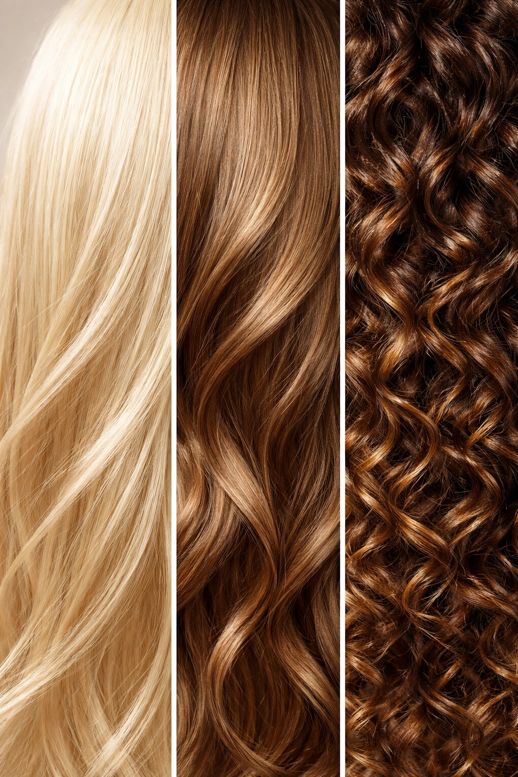 Close-up of three hair textures: fine, medium, and curly.
