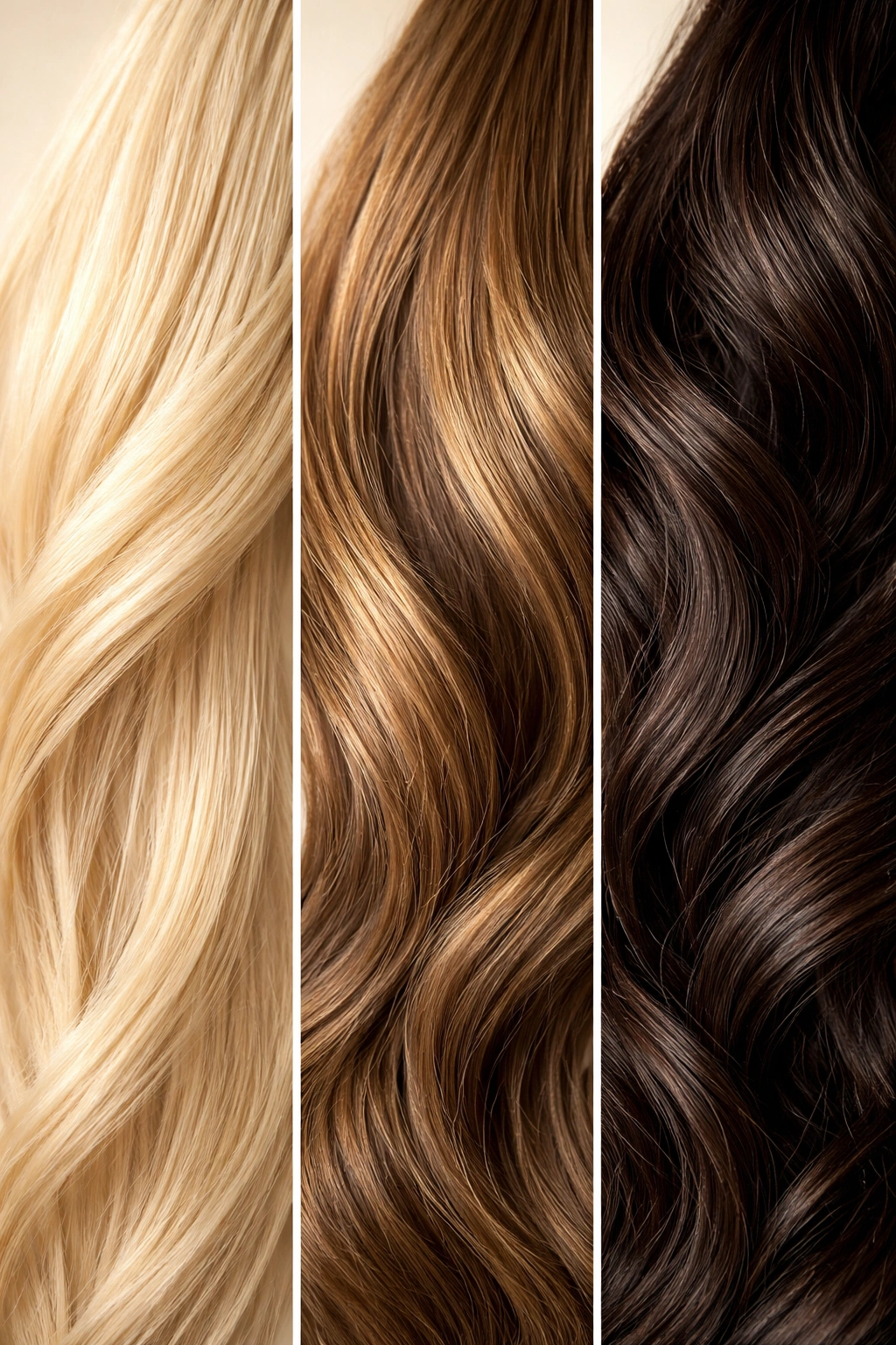 Close-up of three hair textures: fine, medium, and thick strands