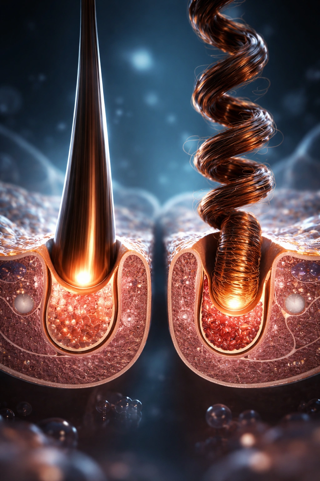 Macro close-up of hair follicle cross-sections showing round and flat shapes to illustrate hair texture genetics