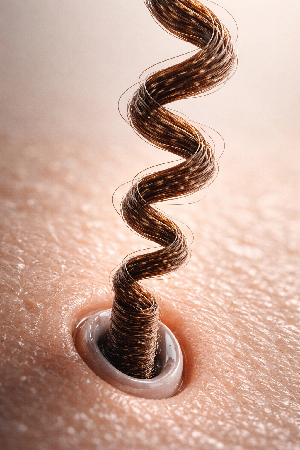 Macro of hair strand curling from follicle showing texture