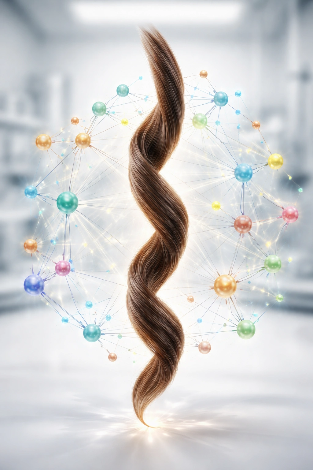 3D illustration of hair strand with a gene network around it
