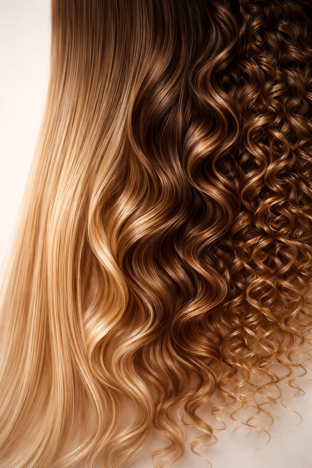Abstract gradient of hair strands from straight to curly on neutral background.