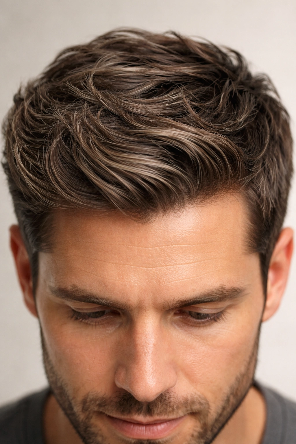Close-up of hair showing texture and gray strands
