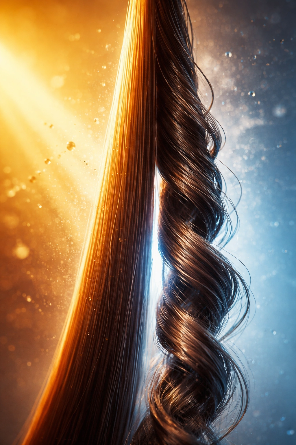 Hair strand under split lighting indicates hormonal and environmental influences on texture