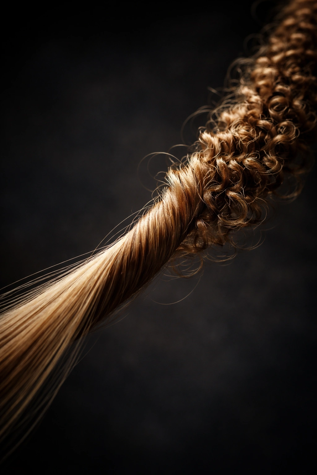 Hair strand morphs from fine straight to thick curly along its length