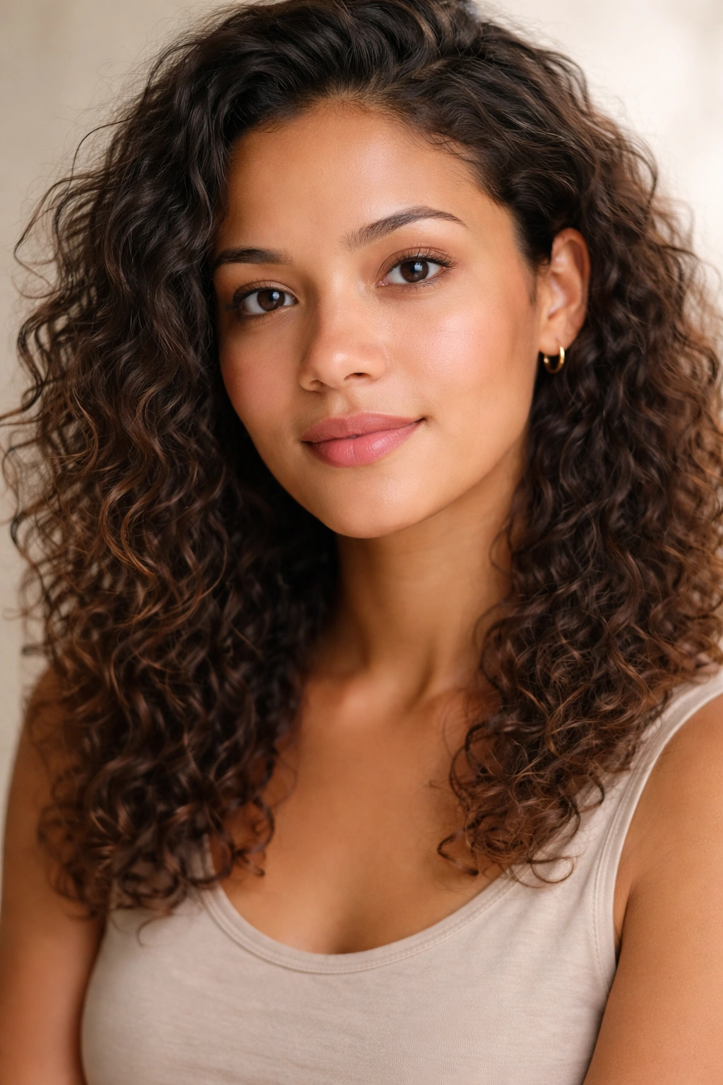 Portrait of a person with natural textured hair in neutral studio