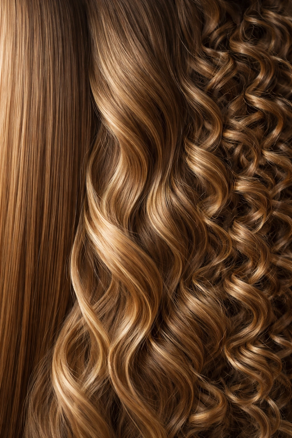 Hair textures showing straight, wavy, and curly close-up