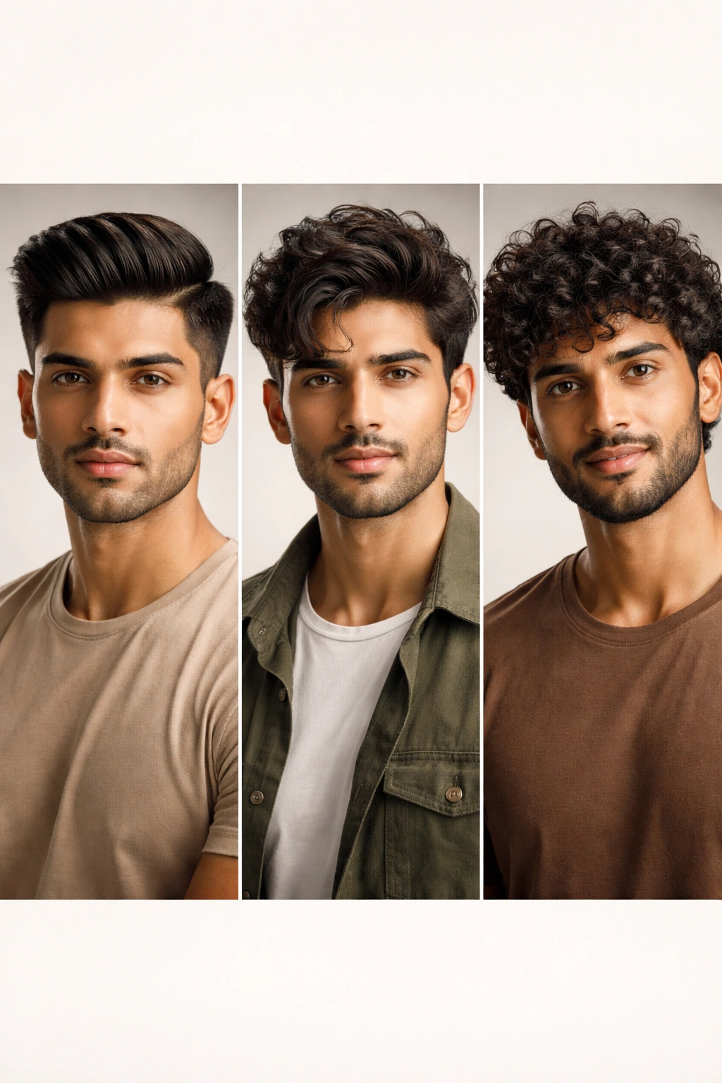 Triptych of Indian hair textures: straight, wavy, and curly in studio lighting