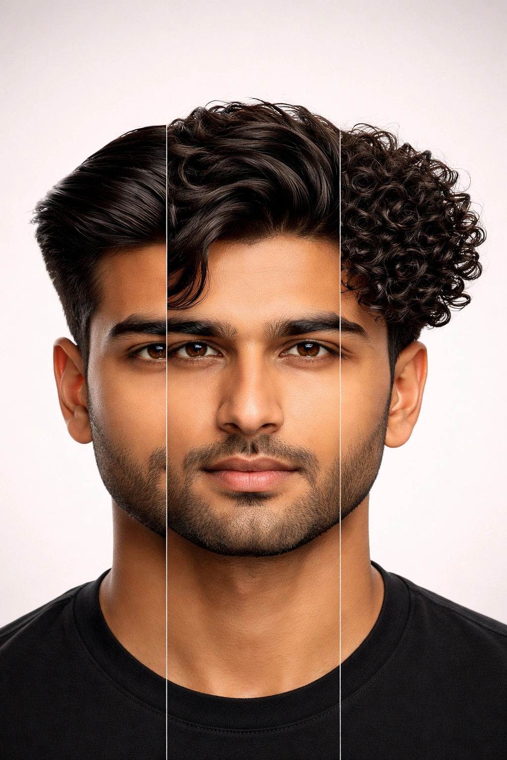 Close-up of head showing straight, wavy, and curly hair textures on a neutral backdrop