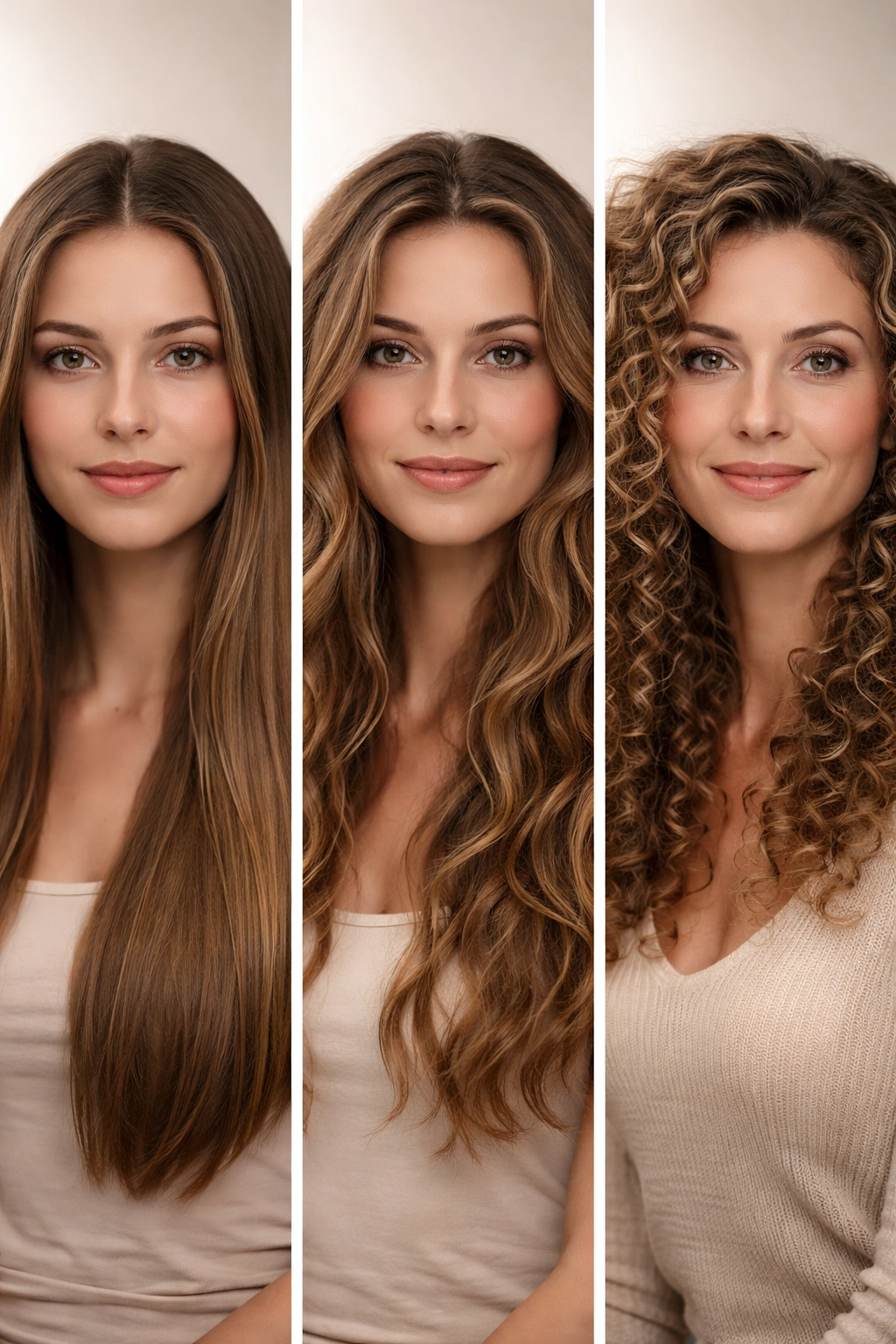 Progression of hair texture from straight to wavy to curly on a single person in a neutral studio setting