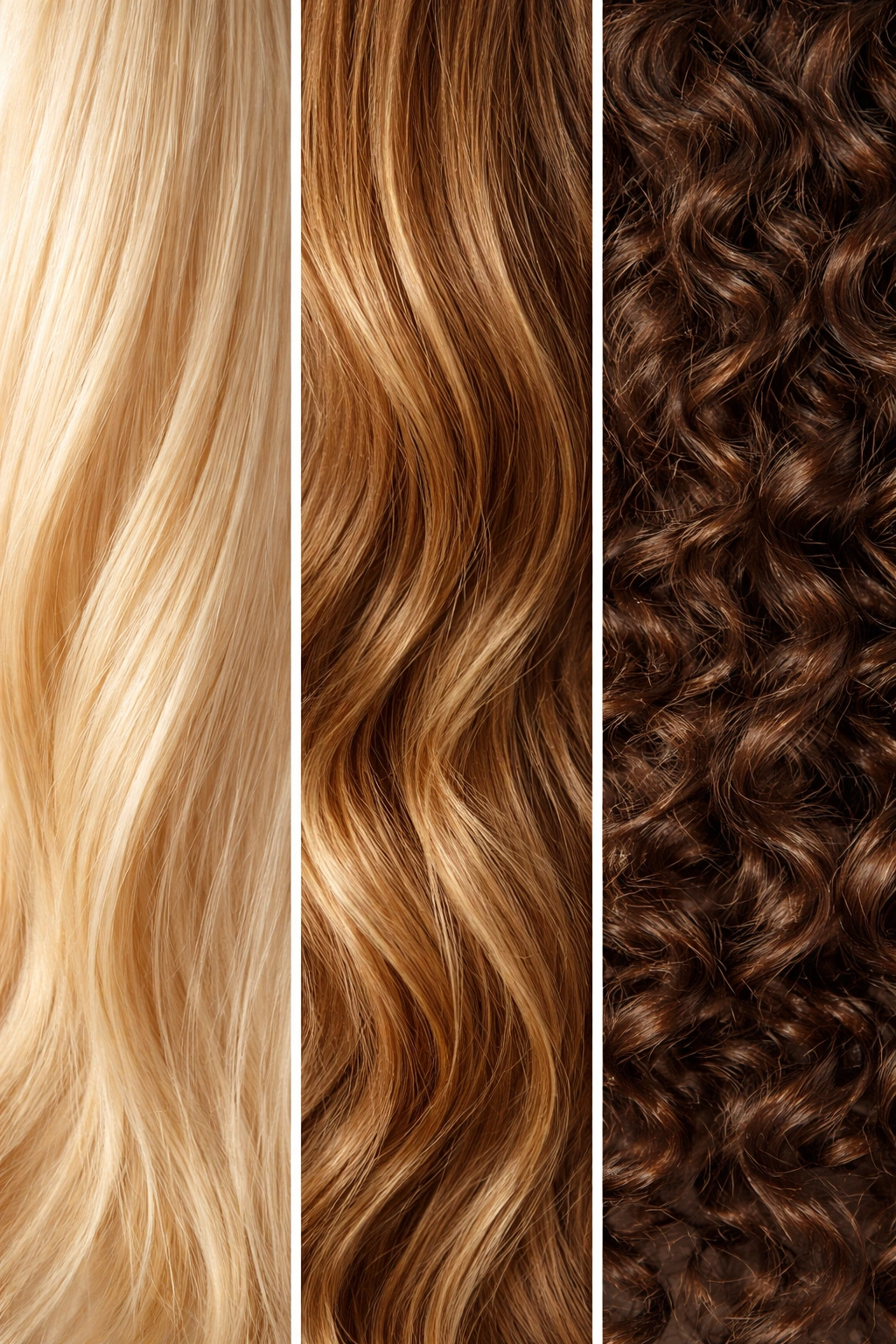 Close-up trio of hair textures representing fine, medium, and thick