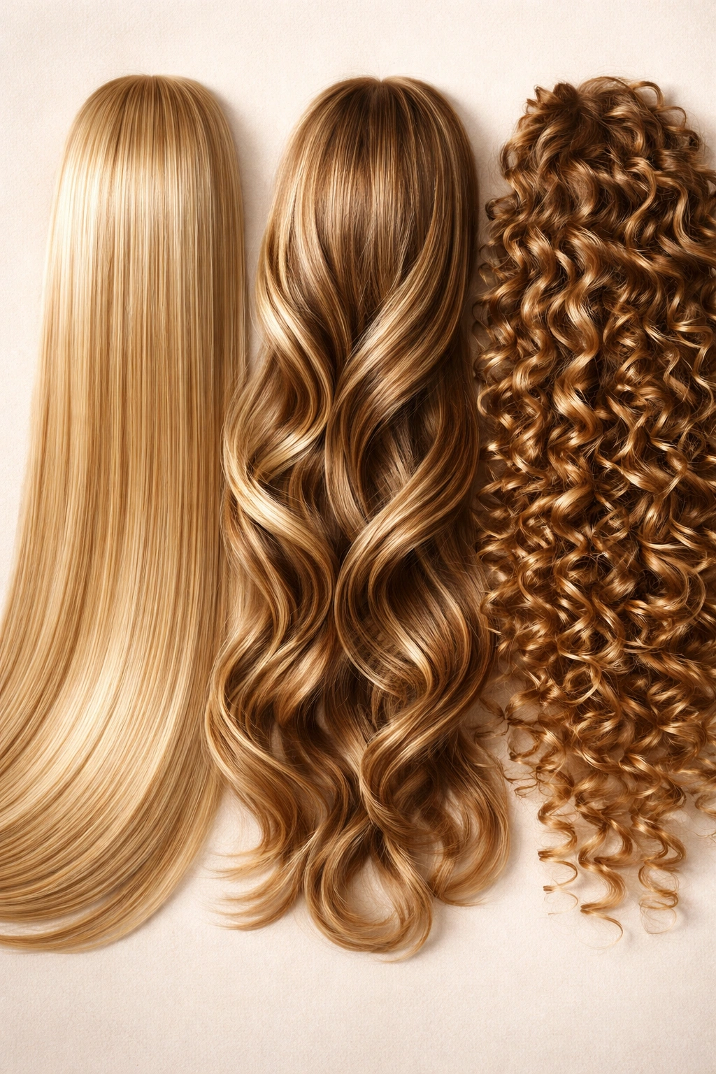 Close-up swatches of straight, wavy, and curly hair textures