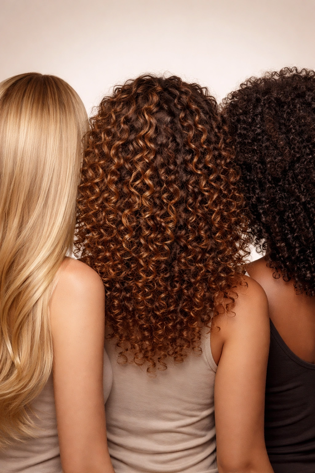 Close-up of a person's hair showing straight, curly, and coily textures to illustrate different hair types
