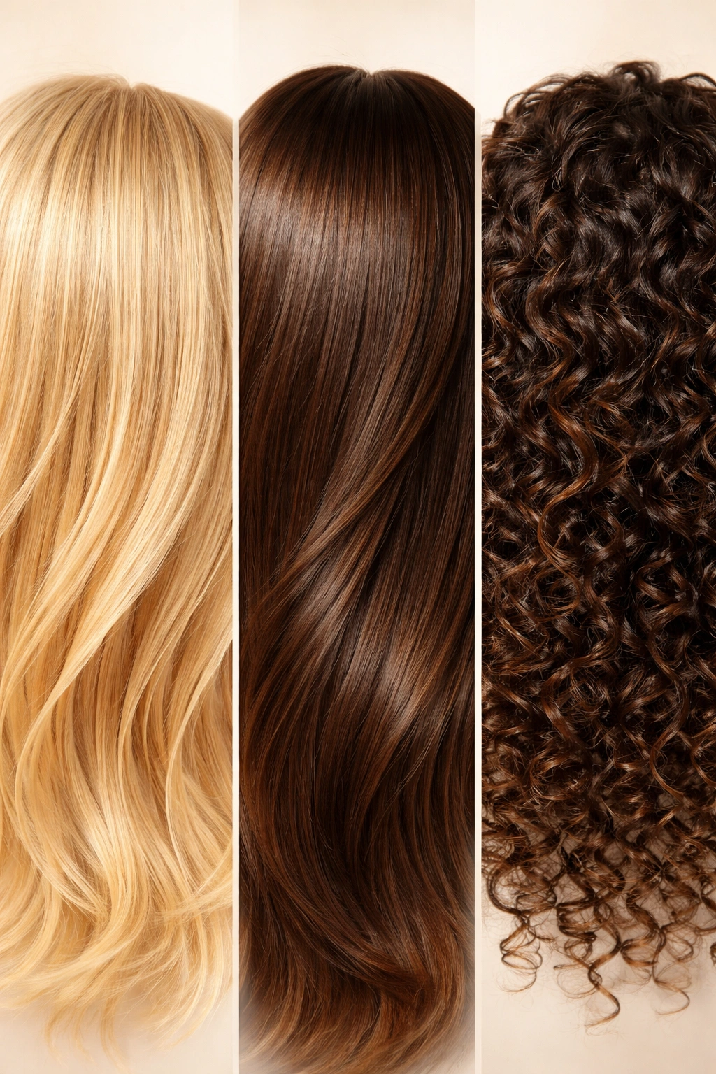 Close-up textures of fine, thick, and curly hair on a neutral background.