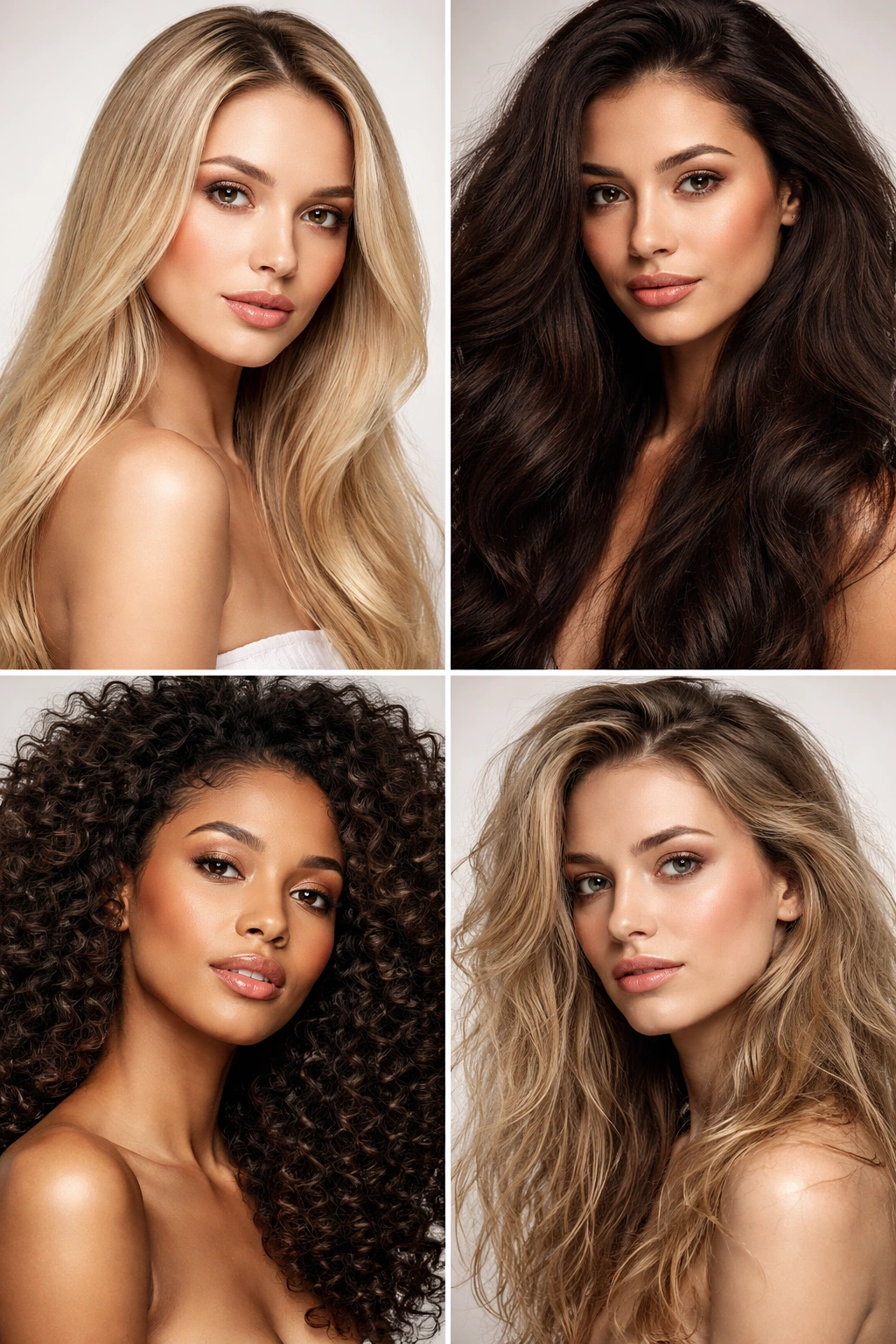 Close-up portraits of different hair textures: fine, thick, curly, and porous hair against a neutral backdrop