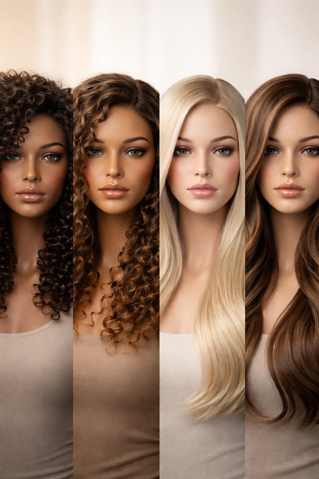 Close-up of diverse hair textures showing curls, coils, straight and wavy hair for moisture and texture differentiation