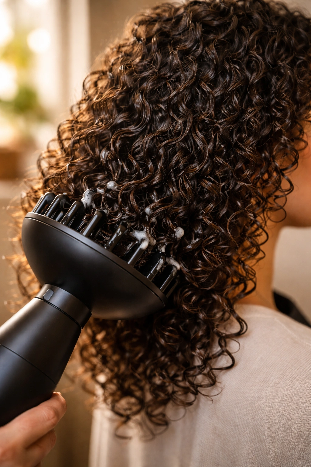 Curly hair with defined ringlets and diffuser styling