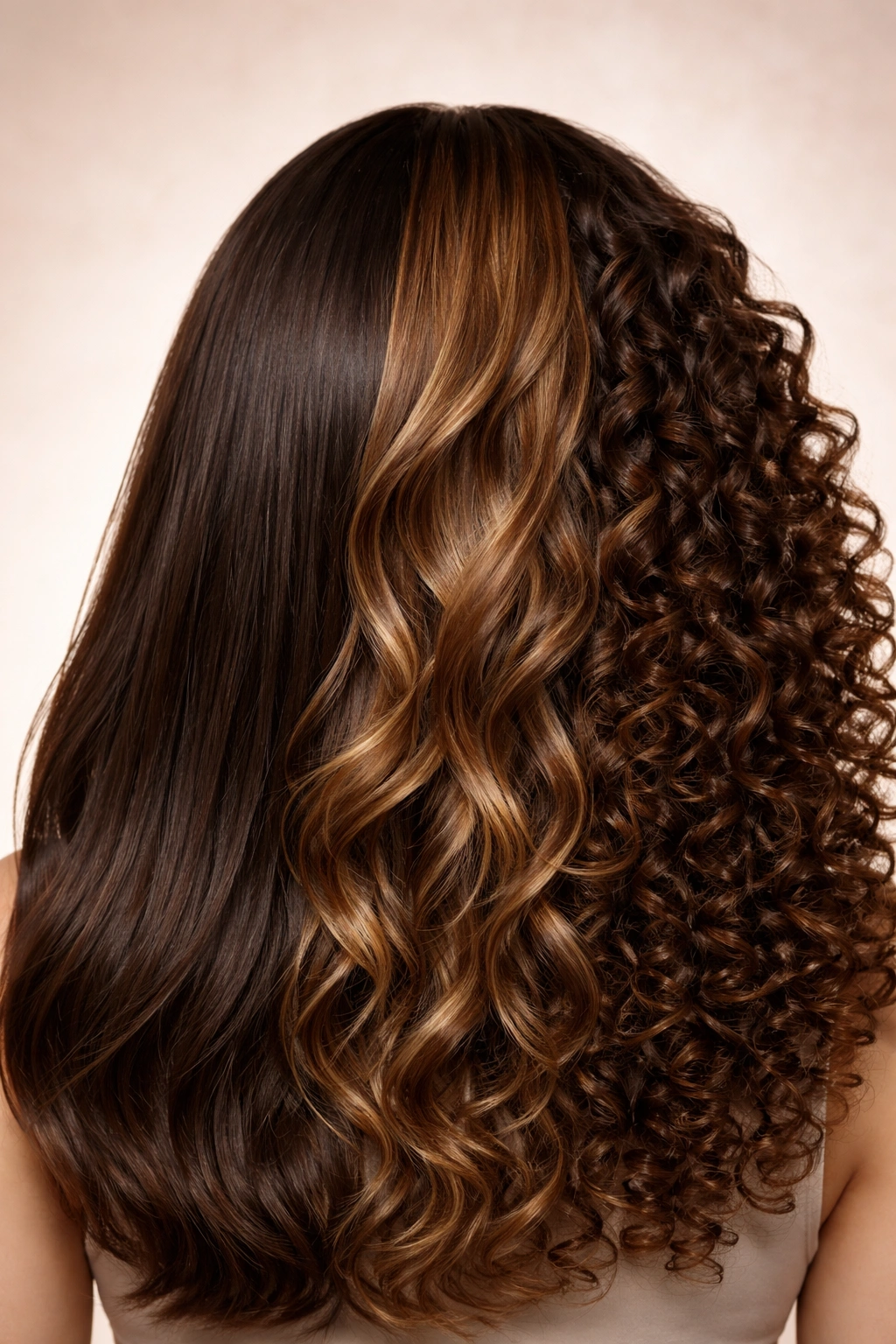 Close-up showing straight, wavy, and curly hair textures on one head