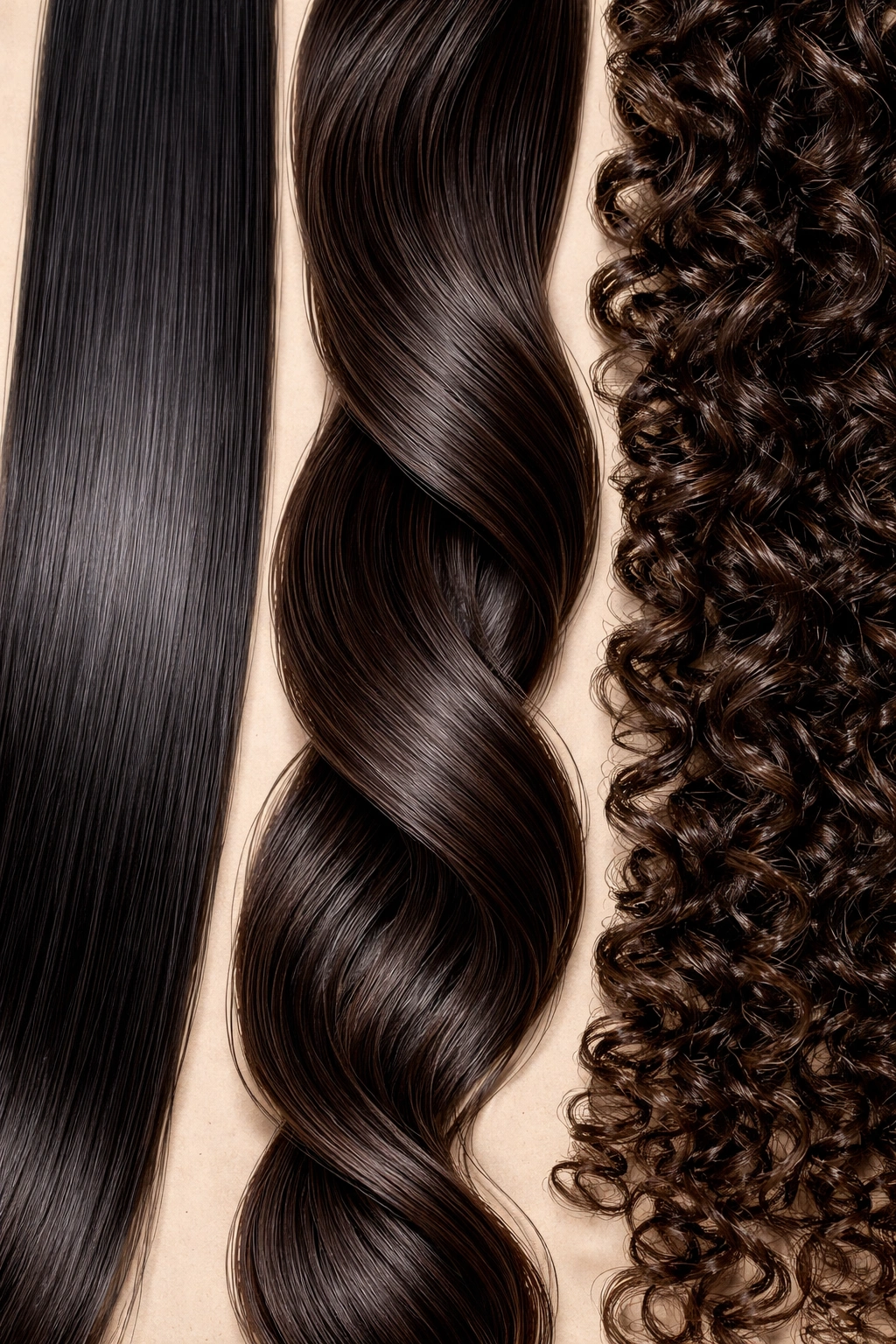 Macro close-up of straight, wavy, and curly hair strands