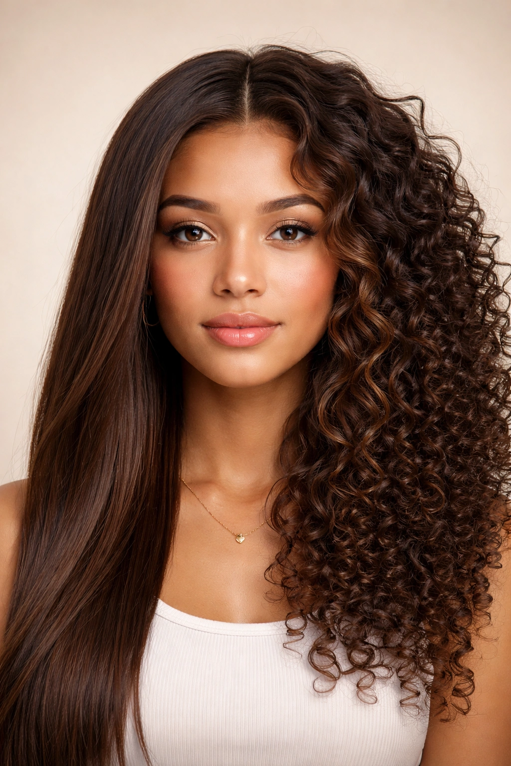 Portrait showing straight, wavy, and curly hair textures to illustrate style choices by hair type